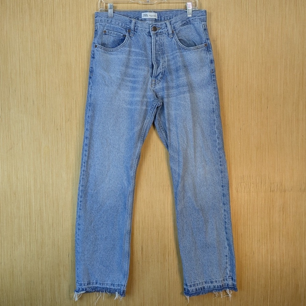 Zara Womens High Waisted Straight Leg Jeans Light Wash Raw Hem Button Fly Size 6